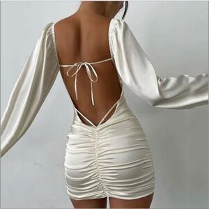 Long Sleeve Open Back Tie Strappy Ruched Mini Dress